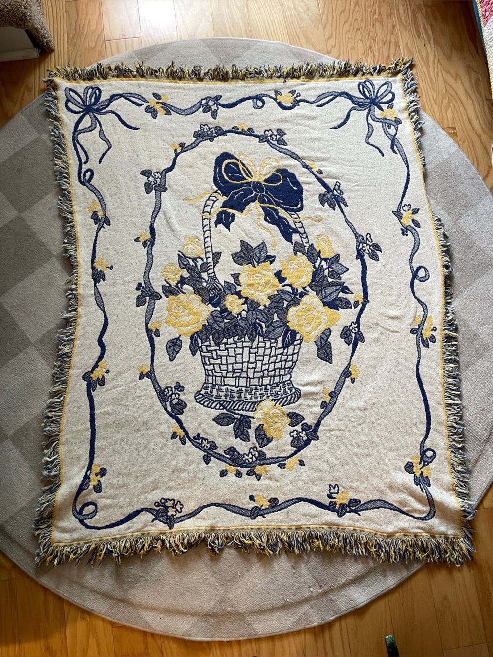 Vintage Floral Basket Woven Throw Blanket Tapestry - Navy and Yellow